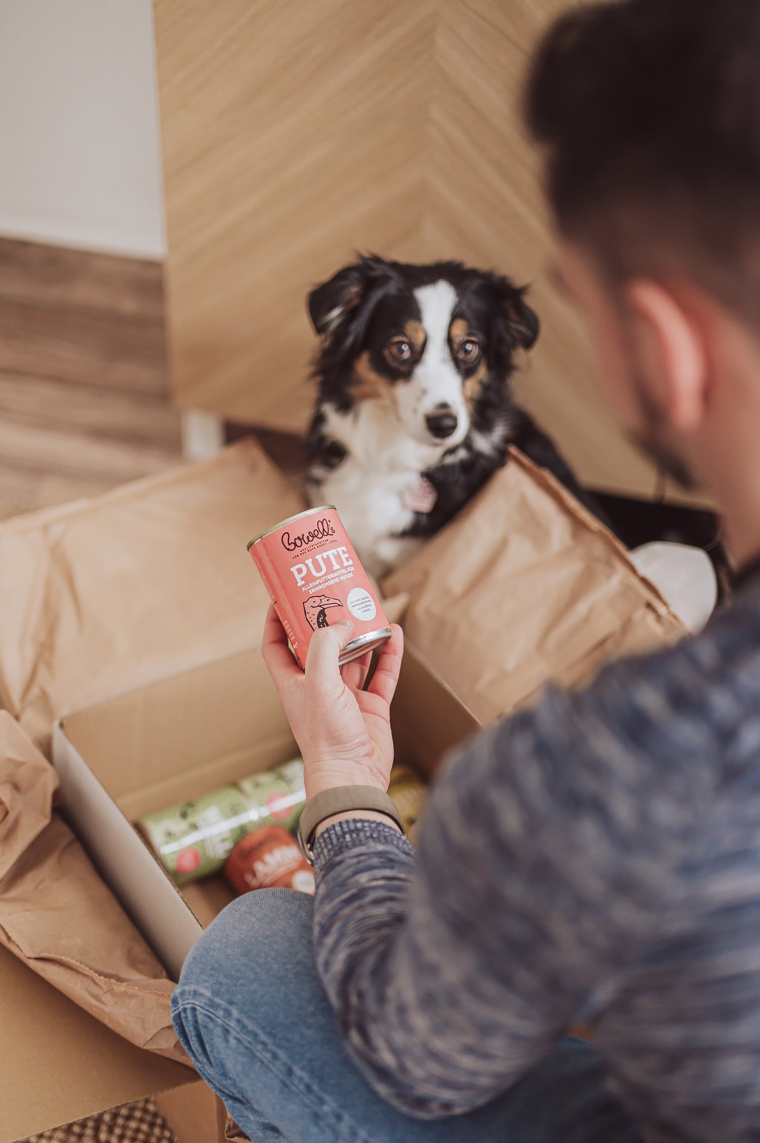 Person hält Bowell’s Pute-Dose vor Hund an geöffneter Versandbox mit Hundefutter
