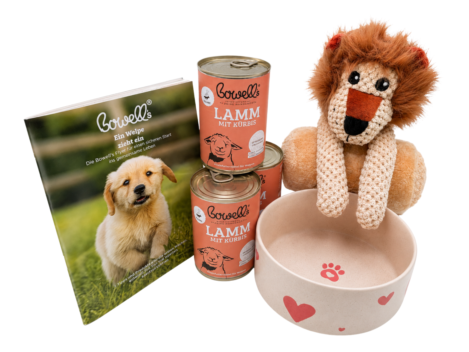 3 Dosen Lamm Welpe, Welpenfibel, Napf und Kuscheltier mit Decke