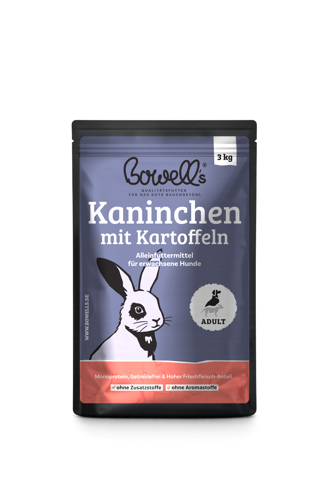 Bowell’s Huhn-Komplettmenü für Hunde neben Hundenapf und Kauartikeln